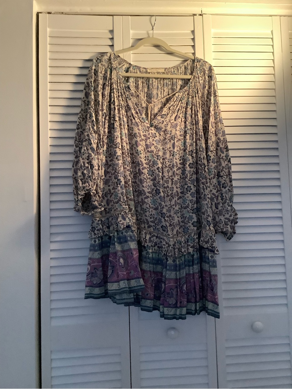 Spell & the Gypsy Boho Peasant mini dress in Cream and Purple